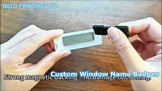 شارة اسم أكريليك مخصصة مع نافذة | دعم مغناطيسي | شارات الأسماء المخصصة